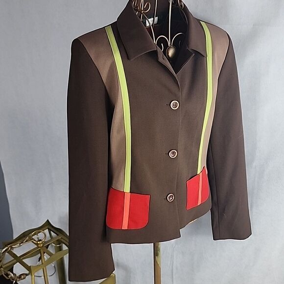 Harve Benard Jacket Size 8 Chocolate Brown Chartreuse Stripe - Picture 2 of 8